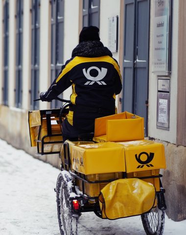 bicycle, delivery, snow, winter, bike, mail, letters, logistics, shipping, parcel shipping, package delivery, parcel delivery, parcel service, transport, dhl bike, german post, vehicle, road, nature, street